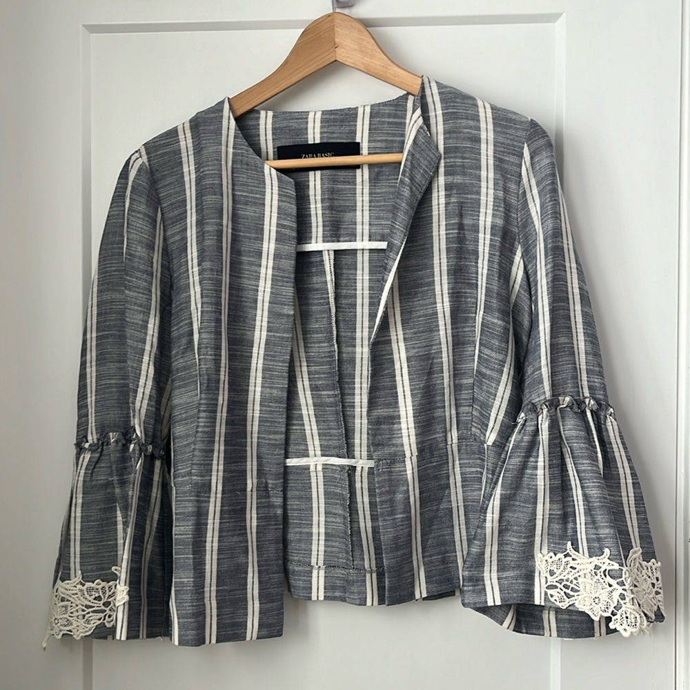 Zara lightweight striped jacket with ruffles and lace detail
